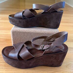 Kork-Ease Brown Leather Wedge Sandals Size 8